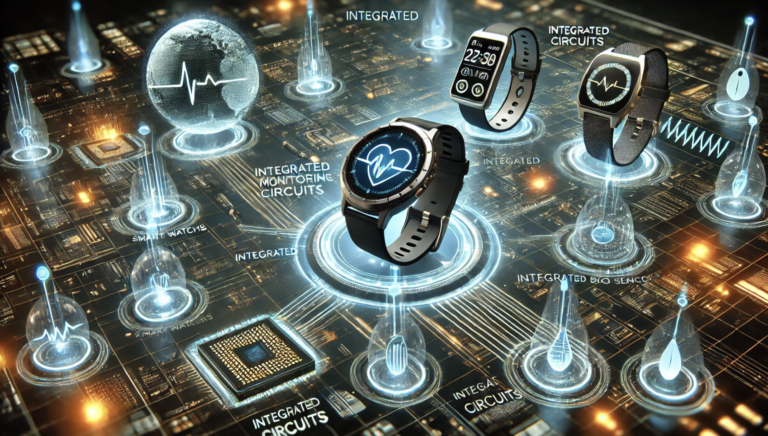 Integrated circuits and sensors used in wearable health monitoring devices.