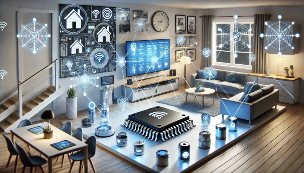 Diagram of a smart home ecosystem with microcontrollers managing devices like thermostats, lights, and security systems.