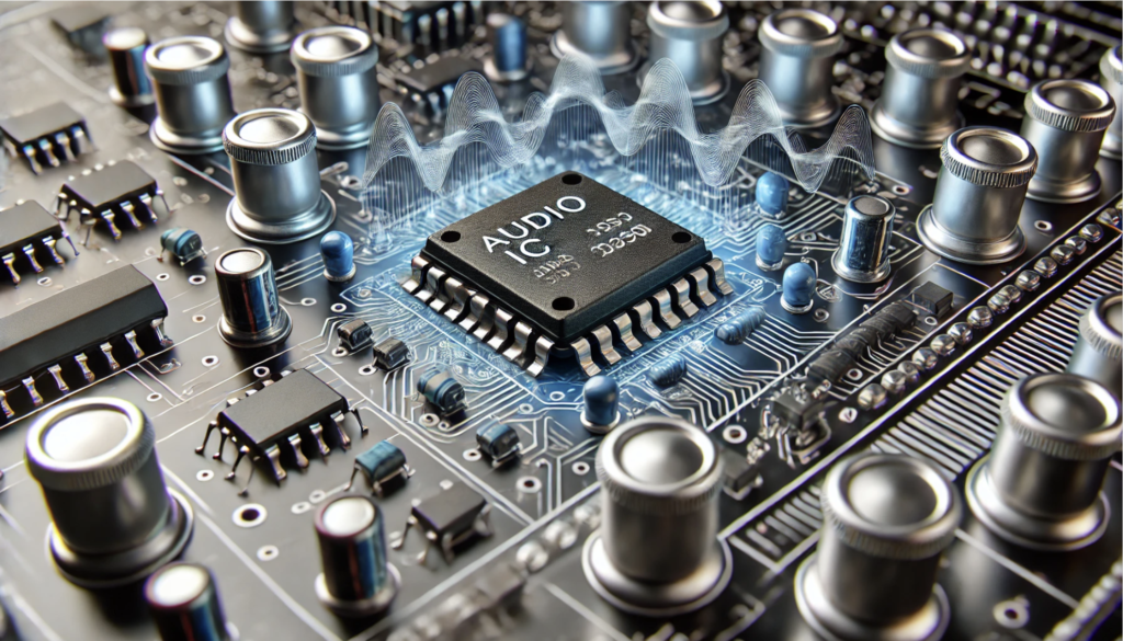 Close-up of an Audio IC chip on a circuit board surrounded by electronic components with sound wave graphics illustrating signal processing