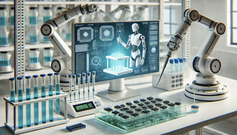 Automated laboratory system featuring microcontrollers and robotic arms for enhanced precision and efficiency.