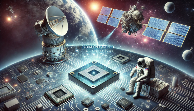 Close-up of a radiation-hardened IC mounted on a satellite system, designed to ensure reliability in harsh space environments.