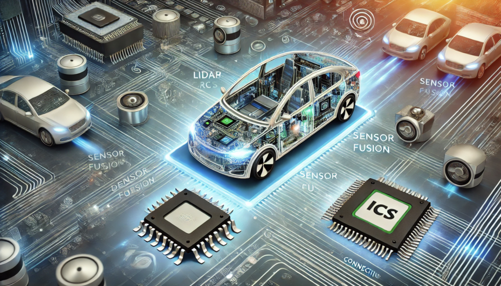 High-performance IC chip for autonomous vehicle systems with futuristic automotive background.