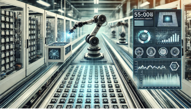 Automated testing equipment analyzing semiconductor chips on a production line, illustrating efficiency and precision in modern semiconductor manufacturing.