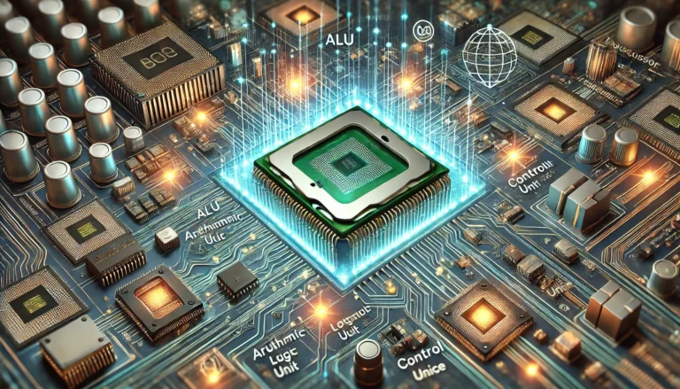 Modern microprocessor chip architecture with detailed circuit pathways
