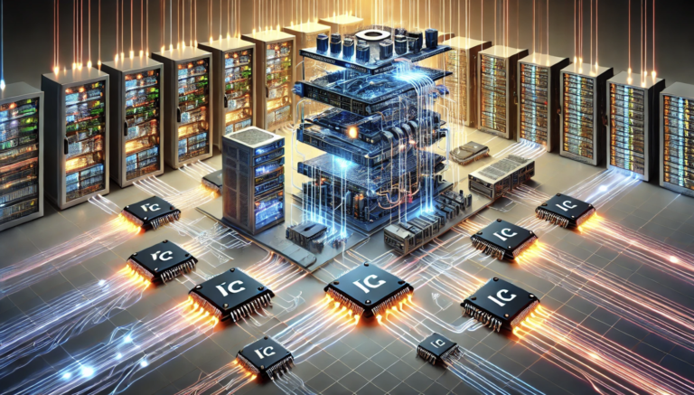 Close-up of IC chips integrated into a modern networking motherboard, highlighting their role in data processing and connectivity.