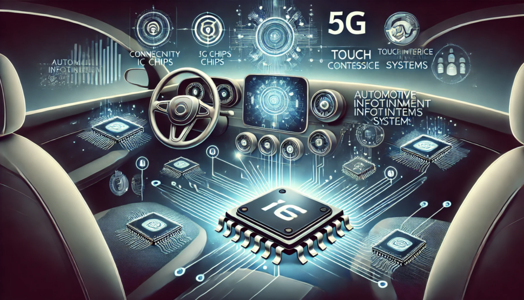 Futuristic automotive dashboard with IC chips enabling 5G connectivity, touch interfaces, and infotainment systems, showcasing advanced in-car technology.