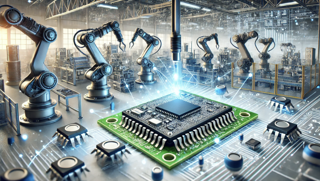 A close-up view of a robotic arm assembling electronics on a manufacturing line, powered by advanced microcontrollers for precision and efficiency.