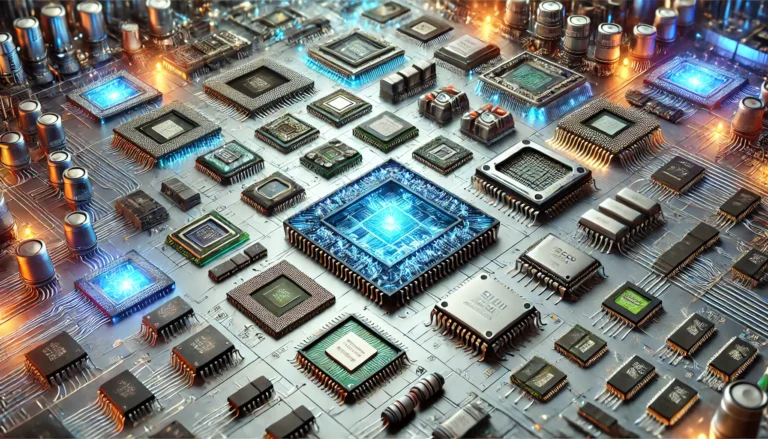 Different types of semiconductor chips showing memory, processor, and connectivity chips on circuit board