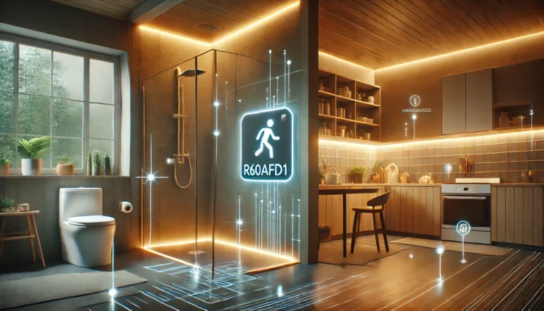 R60AFD1 fall detection system installed in modern bathroom monitoring elderly safety