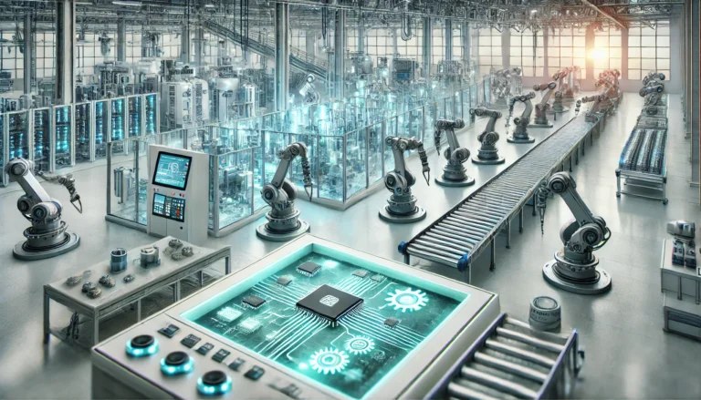 High-integration analog solutions in modern factory automation showing advanced control systems and automated production line