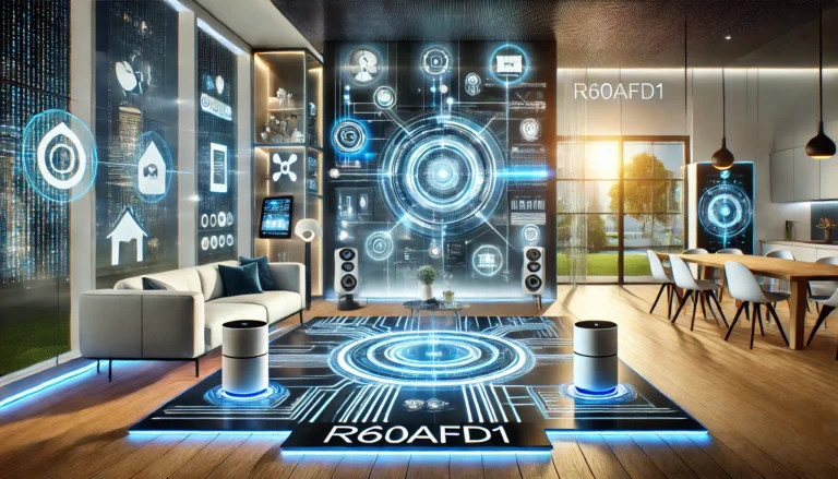 R60AFD1 smart home automation controller displaying interactive dashboard with security and energy monitoring features