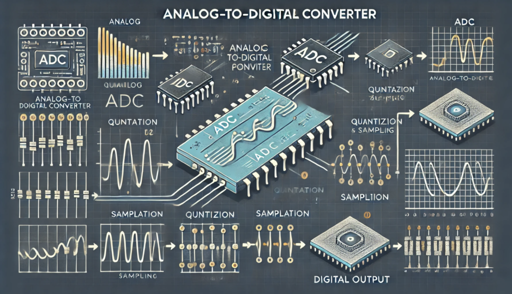 Analog-to-Digital Converter (ADC) circuit board component with signal conversion diagram