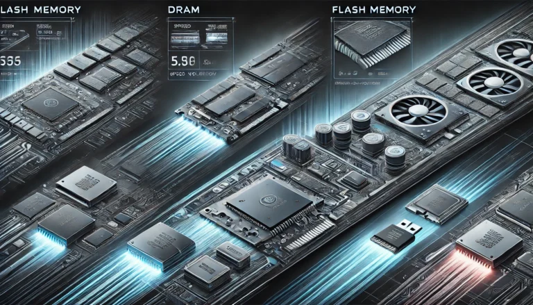 Memory chips comparison showing DRAM and Flash memory components with technical specifications