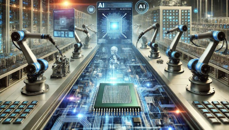 AI-powered semiconductor manufacturing process showing automated chip production line with robotic arms and quality control systems