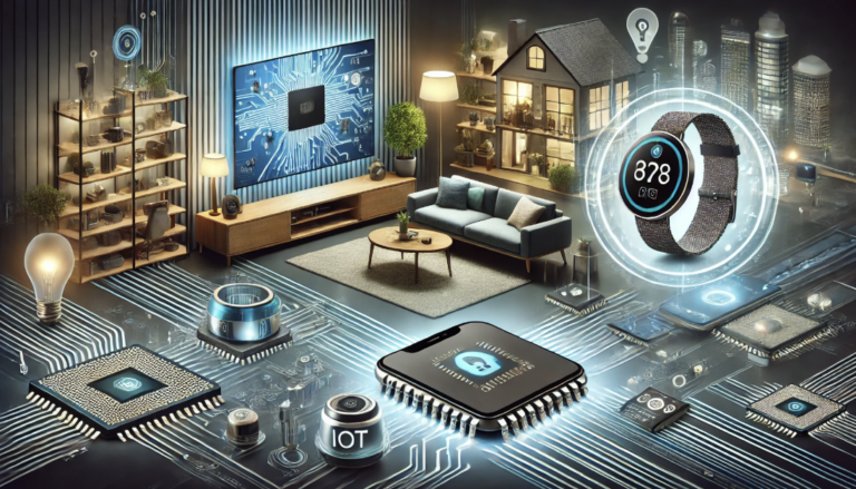 Semiconductor chips in modern consumer electronics devices showing smartphone, smartwatch, and home automation applications