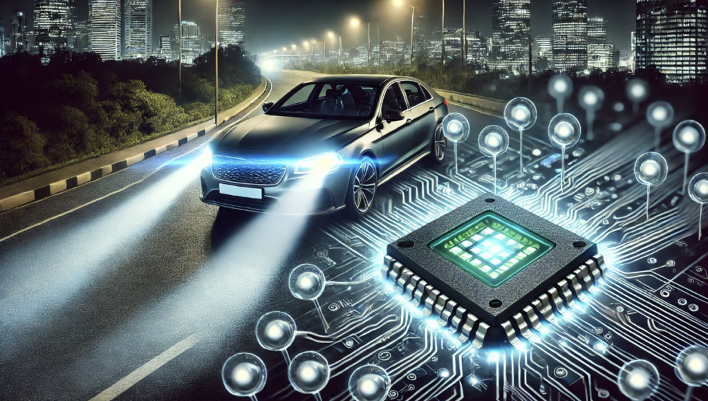 High-performance LED driver chip placed on a circuit board, highlighting its integration into adaptive automotive lighting systems.