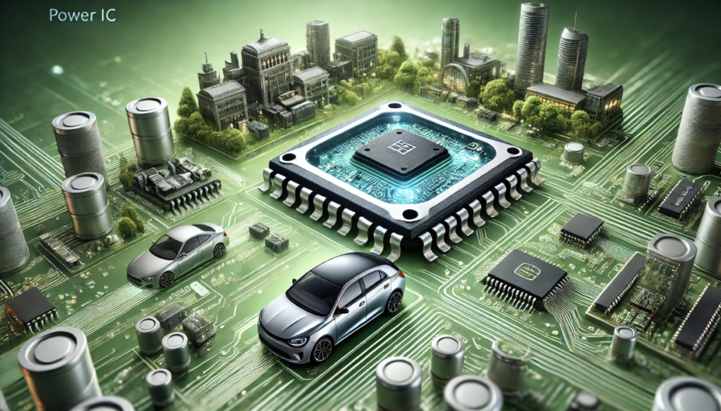 Diagram showcasing Power ICs in automotive body electronics, highlighting energy-efficient systems like lighting, battery management, and power regulation.