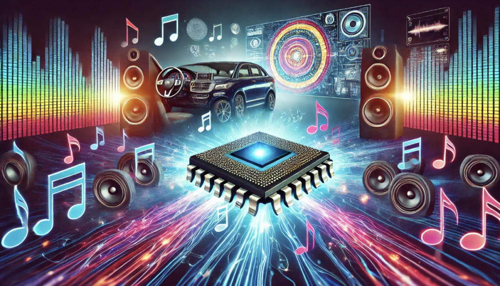 Audio amplifier chip enhancing in-car entertainment with modern sound technology.