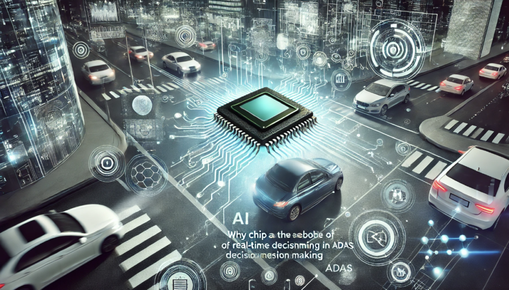 A modern car with an advanced driver-assistance system (ADAS) using AI chips for real-time decision-making, showing sensor integration like radar and cameras.